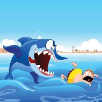 Pixwords L`image avec de requin, nager, l'homme, attaque, plage, sable, mer, eau Zuura - Dreamstime