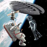 Pixwords L`image avec l'espace, alien, astronaute, satellite, vaisseau spatial, la terre, le cosmos Luca Oleastri - Dreamstime