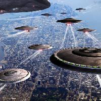 des navires de guerre, bateau, ville, alien, volent, ufo Philcold - Dreamstime